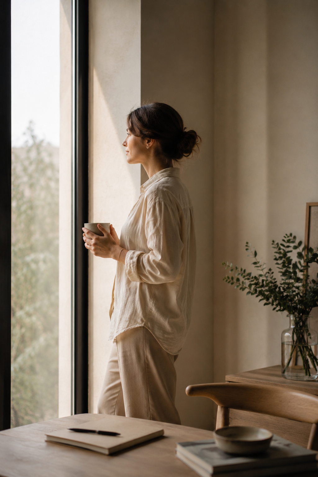 A woman standing by a sunlit window holding a cup, looking out with calm reflection