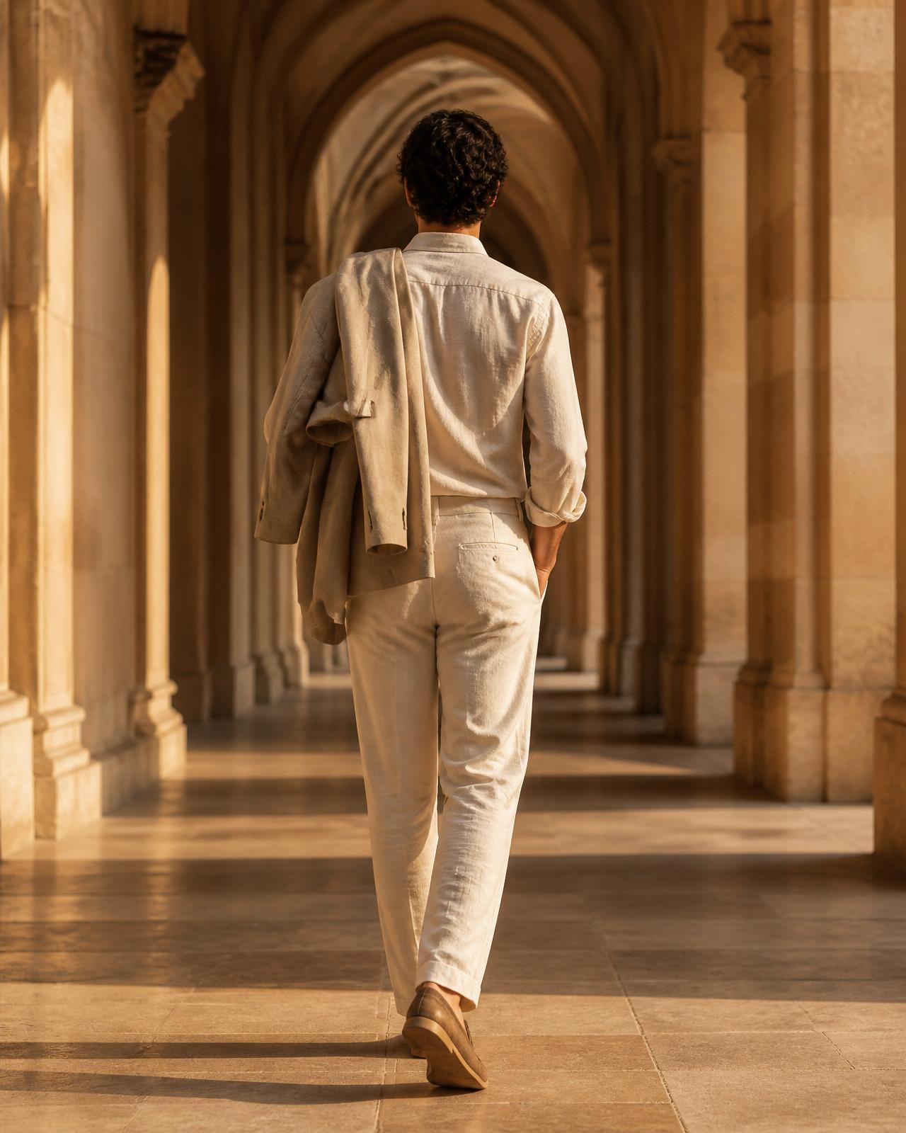 A person in linen walking through a sunlit arched corridor